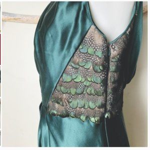 Marc Carmen Valvo Peacock Feather Silk Satin Midi Dress 10
